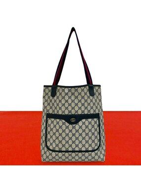 Gucci Vintage Sherry Line GG Logo Leather Tote Shoulder Bag Navy